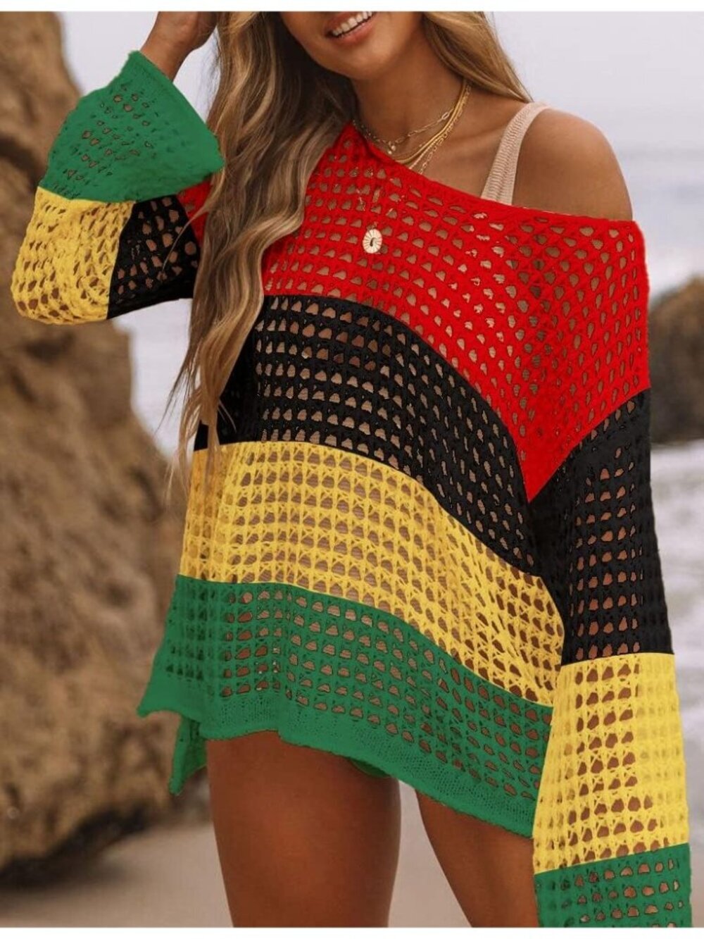 〽️Women's Multicolor 2 Hollow Out Knit Crochet Imported Polyester Swim Cover Up